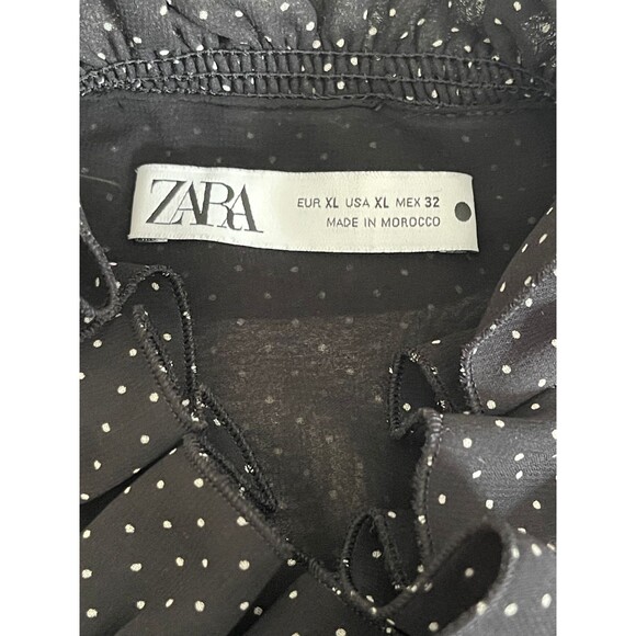 ZARA Ruffled Dress Size XL Black Micro Dot Ruffled Neck Sheer Ruffled Sleeves - Picture 13 of 16